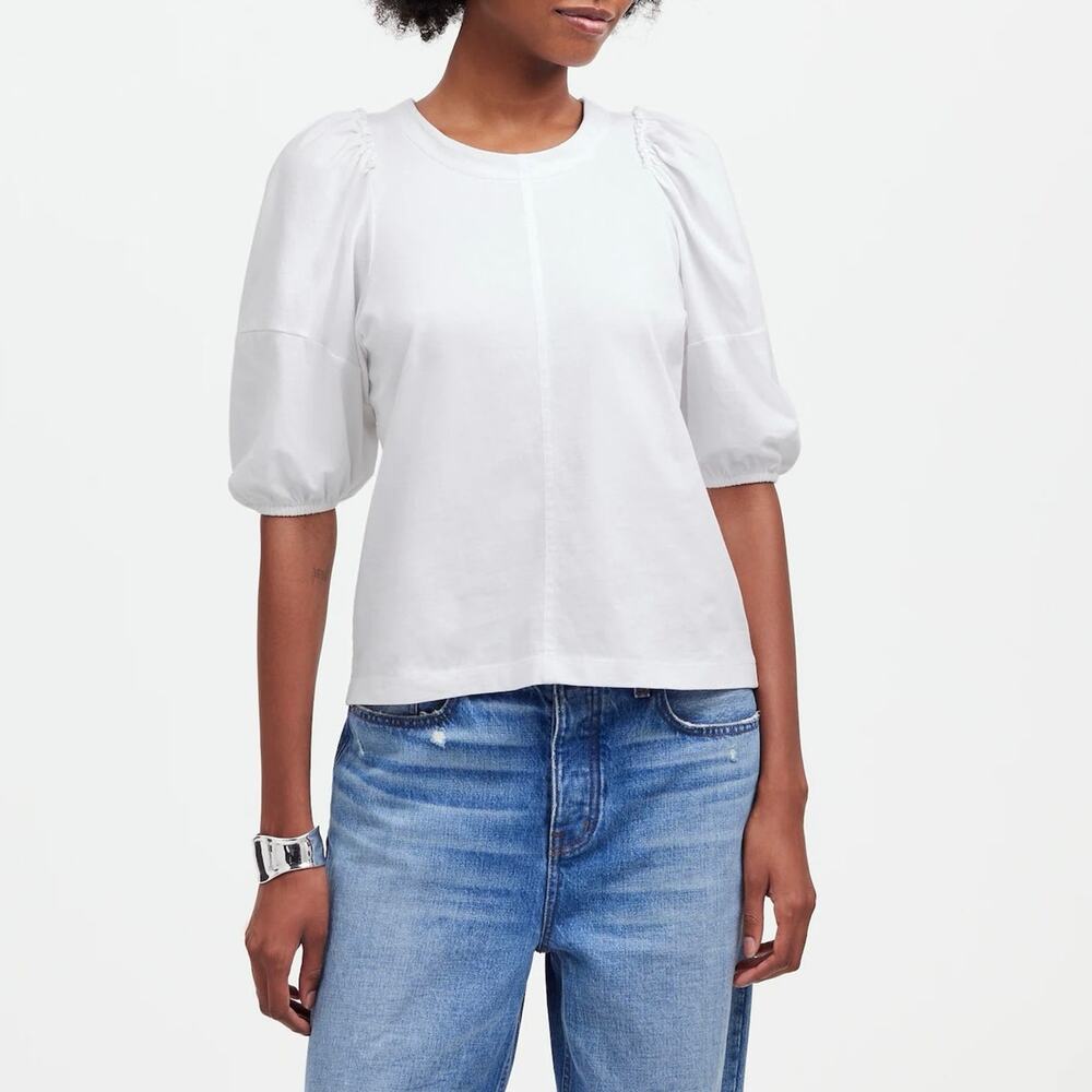NWT Madewell Puff Sleeve Ruffle Trim Cotton Jersey Tee In White Size Medium